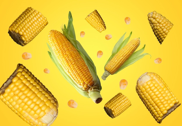 multiple corn cobs of varying sizes floating against a vivid yellow background with scattered corn kernels