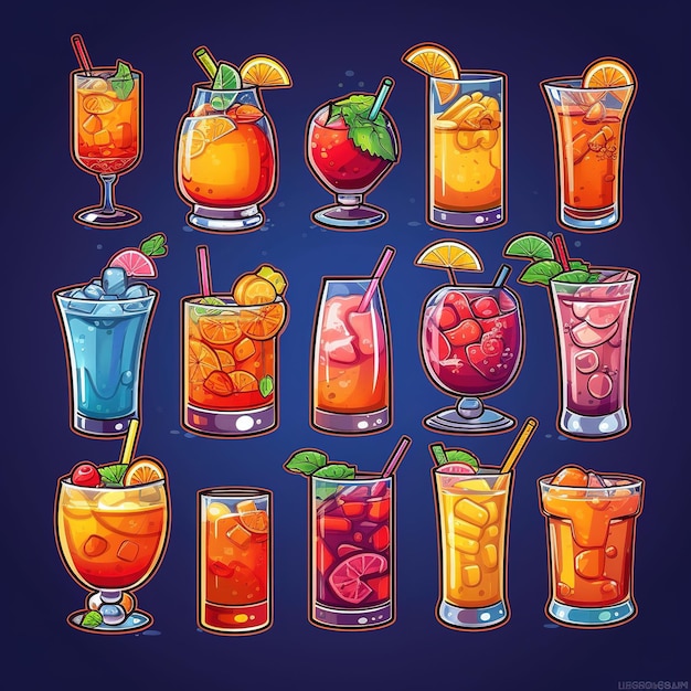 Multiple Cute cocktail themed vector stickers