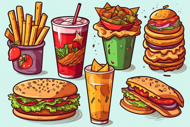 Multiple Cute fast food themed vector stickers