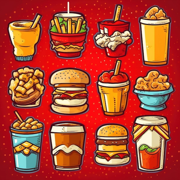 Photo multiple cute fast food themed vector stickers