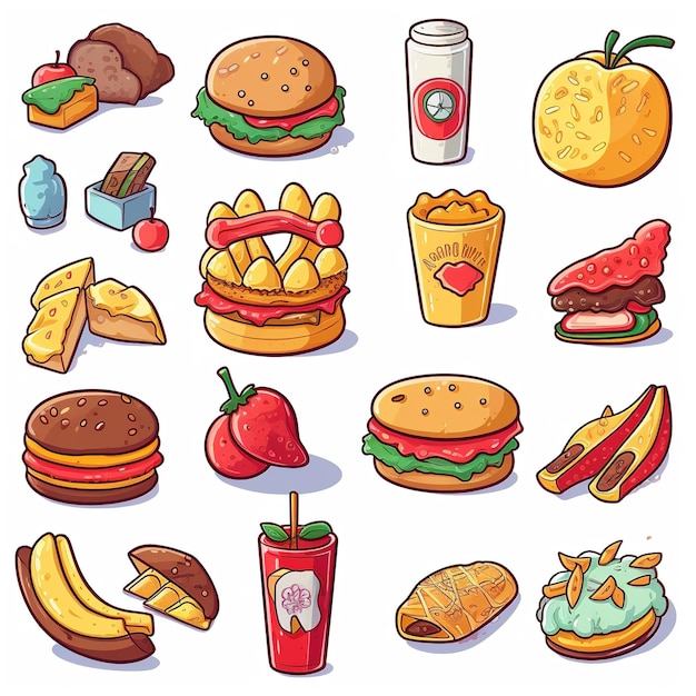 Photo multiple cute fast food themed vector stickers