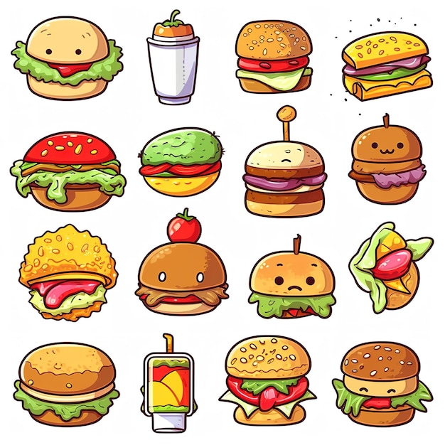 Multiple Cute fast food themed vector stickers