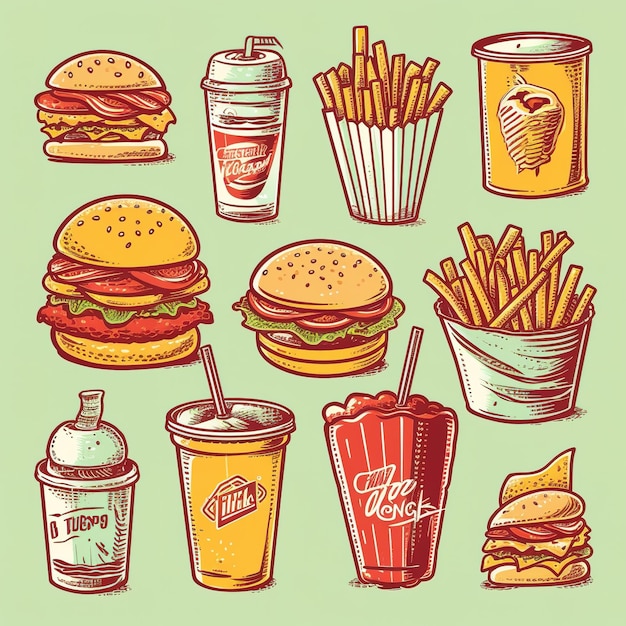 Multiple Cute fast food themed vector stickers