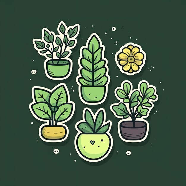 Photo multiple cute pot plants themed vector stickers