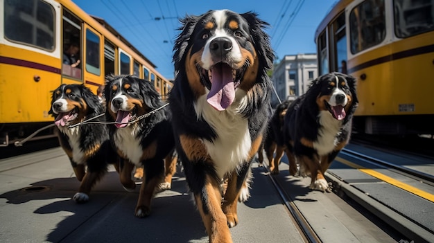 複数の犬が同じ道で一緒に走り互いに友好的である