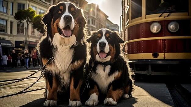 複数の犬が同じ道で一緒に走り互いに友好的である