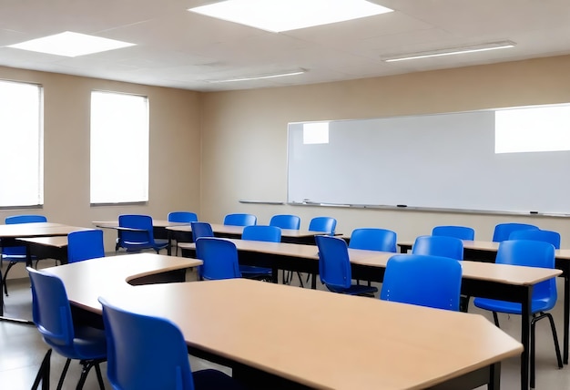 Multiple empty desks with red chairs in a classroom setting with beige walls and a whiteboard