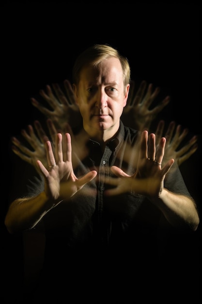 Foto scatto con esposizione multipla di un uomo che mostra le mani su uno sfondo scuro