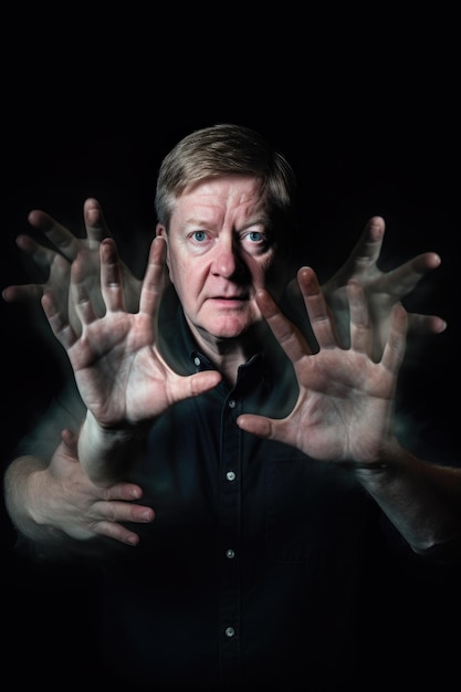 Multiple exposure shot of a man showing his hands against a dark background