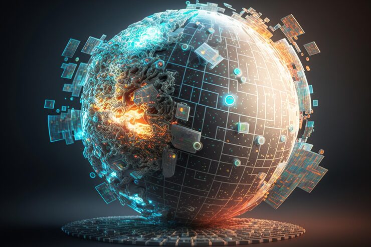 Photo multiple exposures of the concepts of artificial intelligence and neural networks with a holographic representation of an abstract programming language and a globe map on a computer