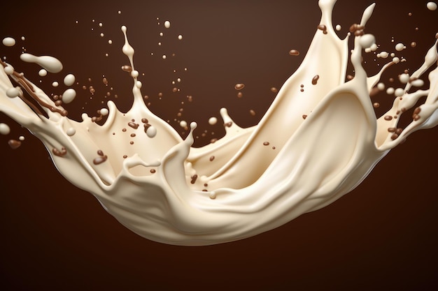 Multiple extensions of flowing milk, chocolate and coffee intertwining and flowing to view of camera. AI generated