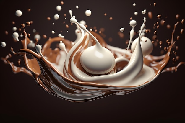 Multiple extensions of flowing milk, chocolate and coffee intertwining and flowing to view of camera. AI generated