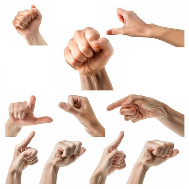 Multiple female caucasian hand gestures isolated over the white background set of multiple images