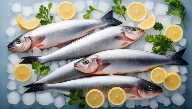 Multiple fresh fish arranged on ice