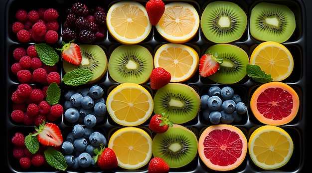 明るい色のブロックのスタイルでコラージュ内の異なる部分に複数の果物