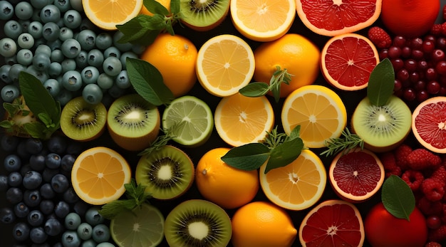 multiple fruits in different pieces in the collage in the style of bright color blocks