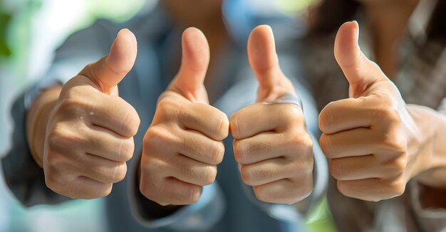 Multiple hands giving thumbs up in approval Positive gesture teamwork concept Closeup selective focus Ideal for motivational content AI