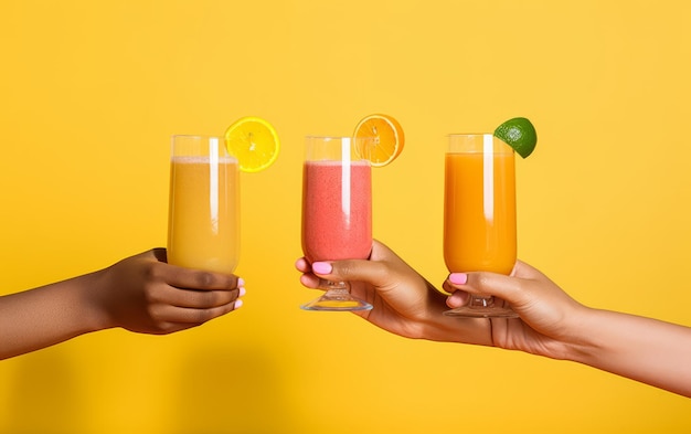 Multiple hands holding glasses of smoothies