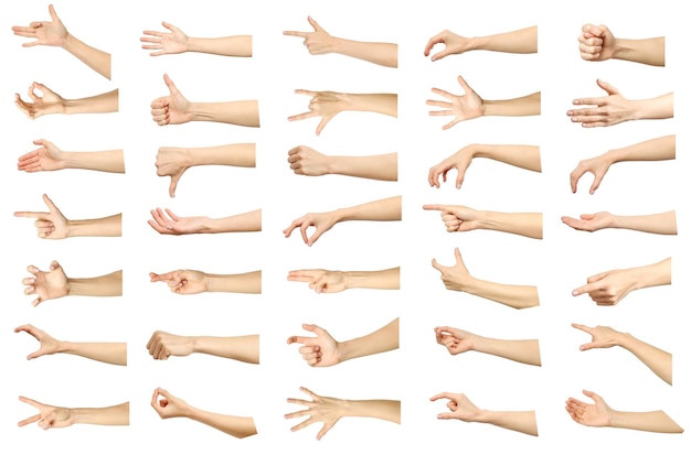 Multiple images set of female caucasian hand gestures isolated