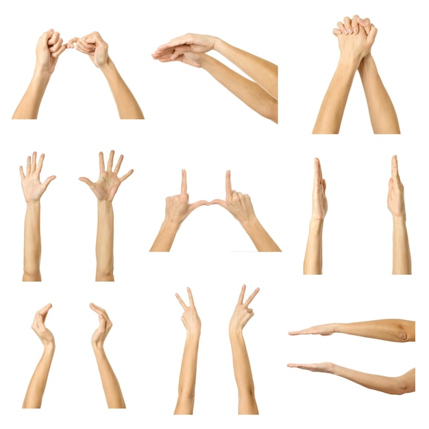 Multiple images set of female caucasian hand gestures with french manicure