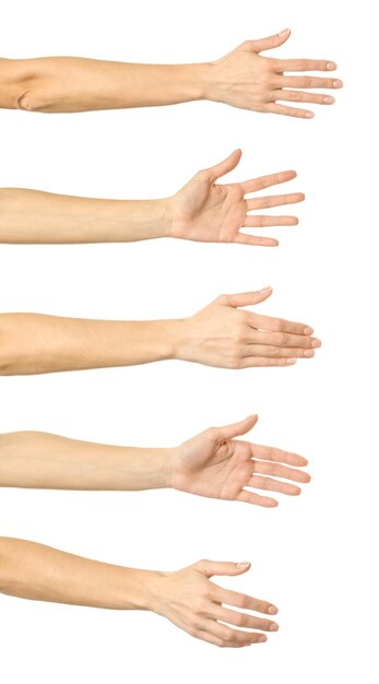 Photo multiple images set of female caucasian hand with french manicure showing giving a hand gesture