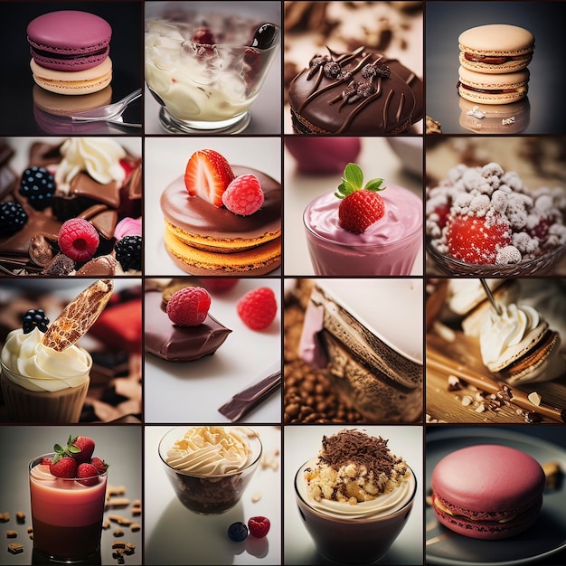 Photo multiple images of sweet and decadent desserts generative ai