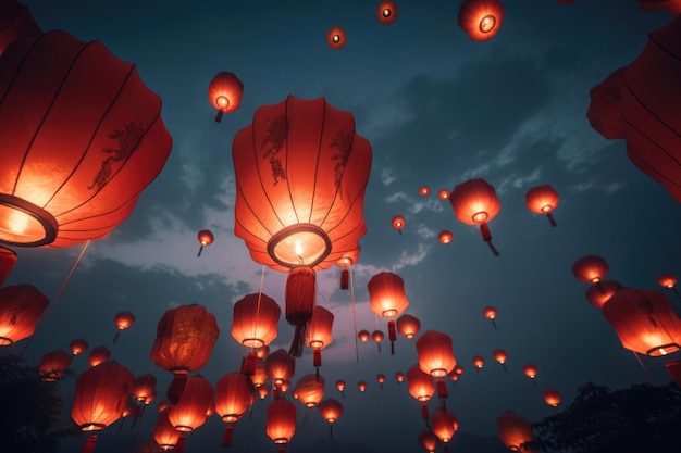 Multiple lighted chinese lanterns over sky with clouds created using generative ai technology