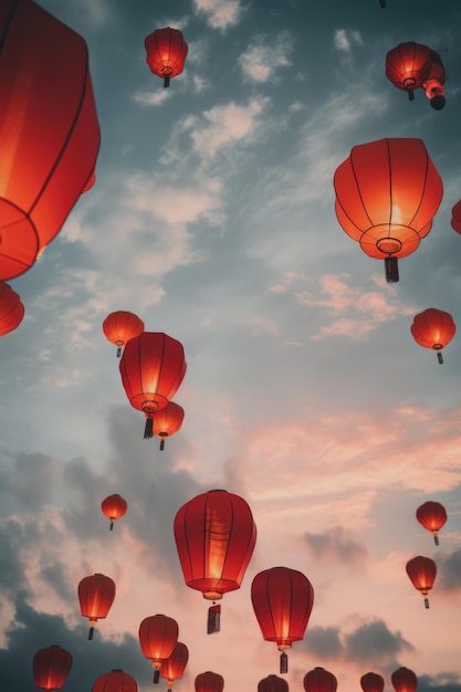 Multiple lighted chinese lanterns over sky with clouds created using generative ai technology