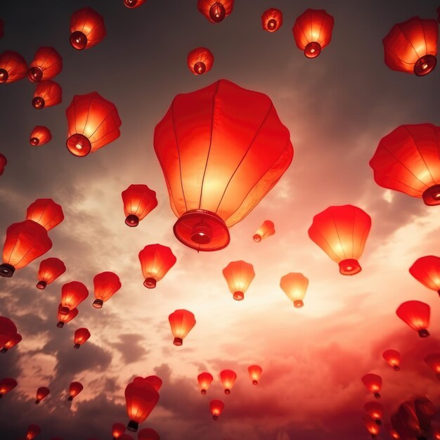 Multiple lighted chinese lanterns over sky with clouds created using generative ai technology