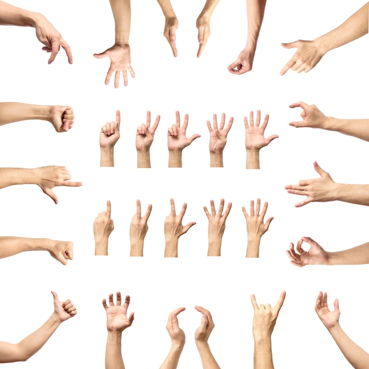 Photo multiple male caucasian hand gestures isolated over the white background set of multiple images