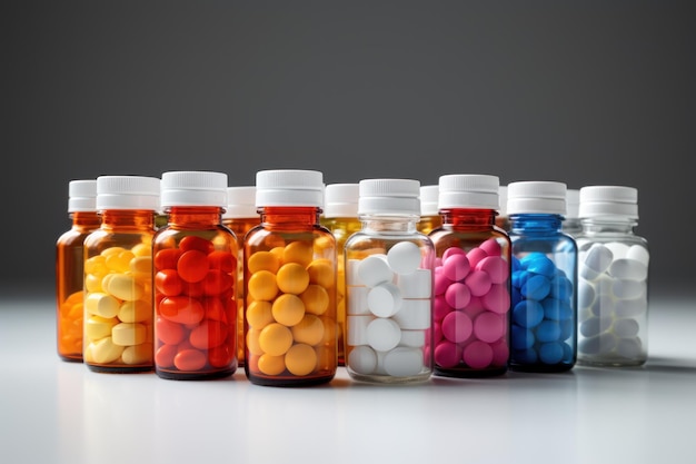 Multiple medicine bottles full of different pills AI generated