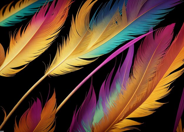 Multiple multicolor feathers on a dark background