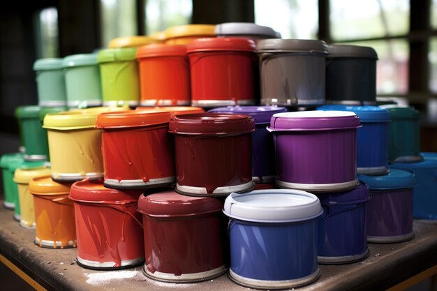 Photo multiple paint cans stacked with colored lids facing up