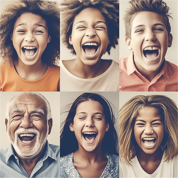 multiple photos with various people laughing in the style of happy expressionism Joy concept image