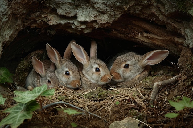 Molti conigli riuniti in un buco che osservano l'ambiente circostante una famiglia di conigli nella loro accogliente tana generata dall'ai