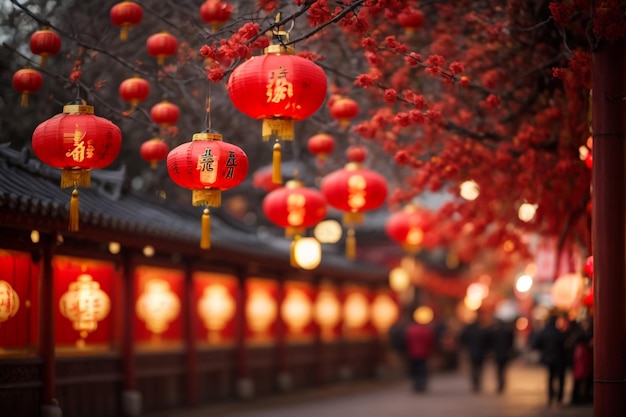 Многочисленные красные китайские фонари, висящие на проволоках посреди улицы