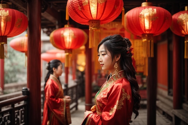 Multiple red Chinese lanterns hanging from wires in the middle of the street