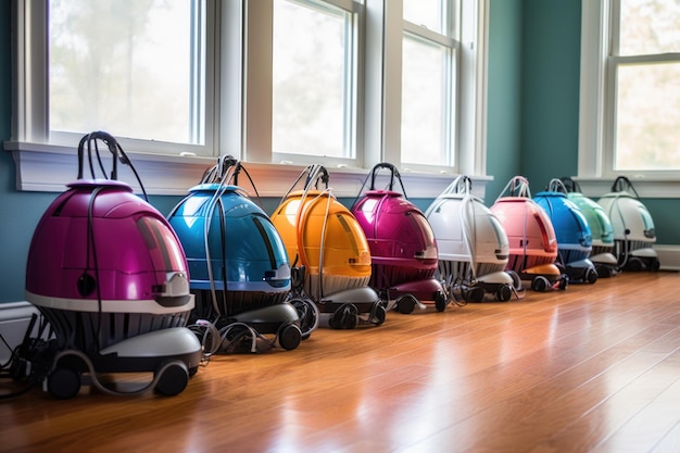 Multiple robot vacuums in variety of colors on display created with generative ai