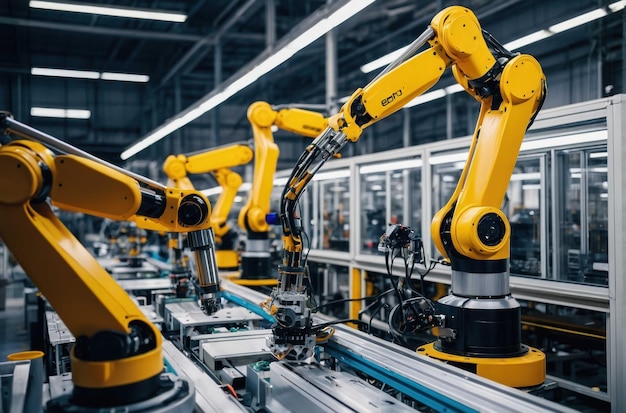 multiple robotic arms working on an assembly line in a modern manufacturing