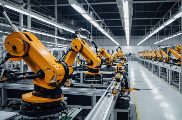 multiple robotic arms working on an assembly line in a modern manufacturing