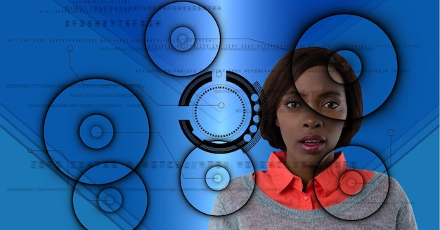 Multiple round scanners over portrait of businesswoman against blue technology background