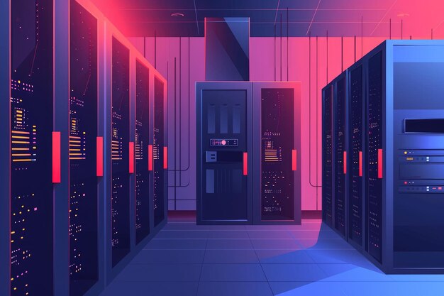 Multiple servers lined up in a wellorganized row inside a busy data center Singlecolor depiction of a tech server room AI Generated