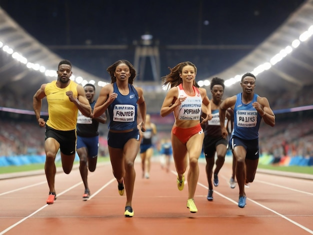 パリのオリンピックで大きなスタジアムで走っている複数のスプリント選手