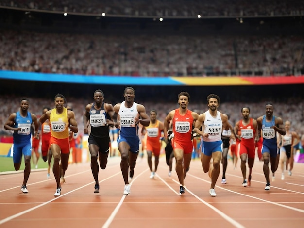 パリのオリンピックで大きなスタジアムで走っている複数のスプリント選手
