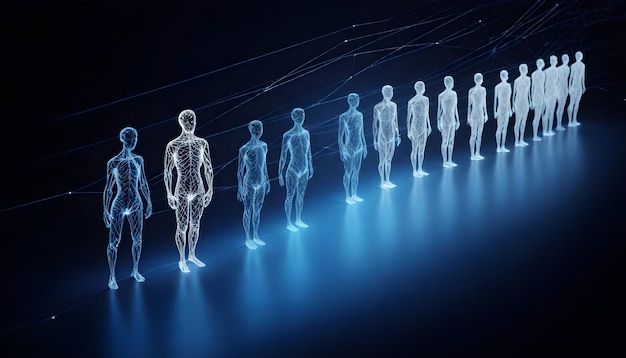 Multiple transparent human figures in various stages of opacity with a skeletal and muscular system