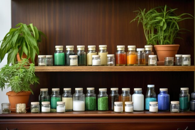 Photo multiple types of homeopathic solutions in glass containers on wooden shelves