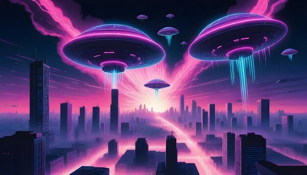 Multiple UFOs emitting beams of light over a futuristic cityscape at sunset