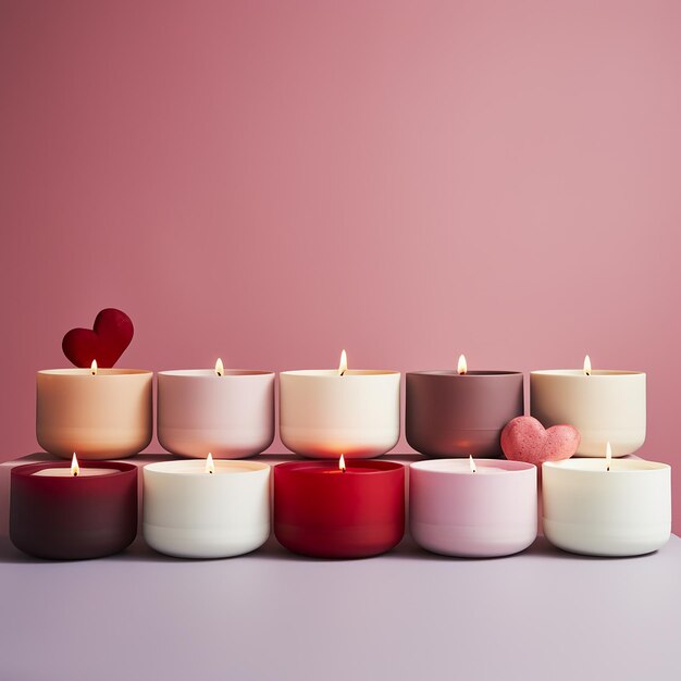 Multiple Valentines Day aromatherapy candles arranged