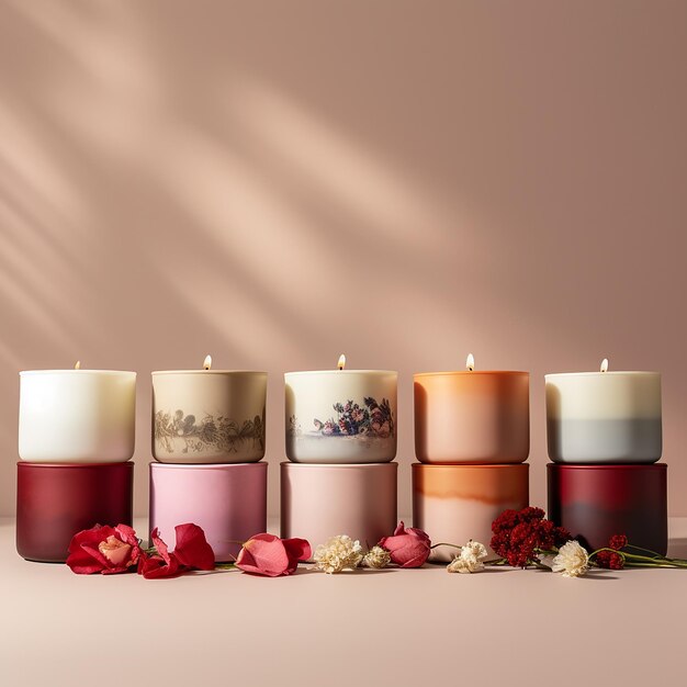 Multiple Valentines Day aromatherapy candles arranged