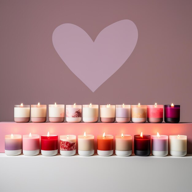 Multiple Valentines Day aromatherapy candles arranged